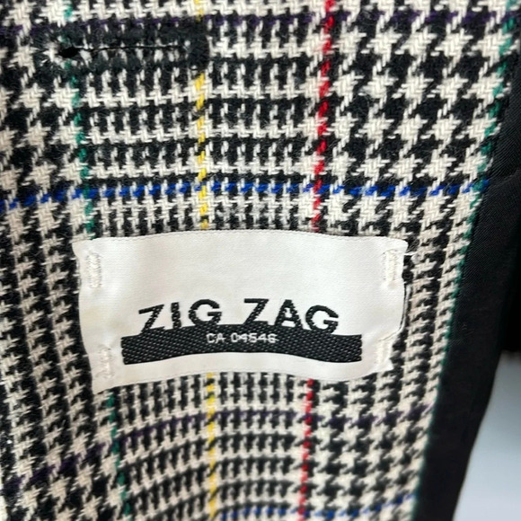 VINTAGE 90s Zig Zag Wool Blend Blazer Houndstooth Plaid Padded Shoulders Boxy 6 - Picture 6 of 12